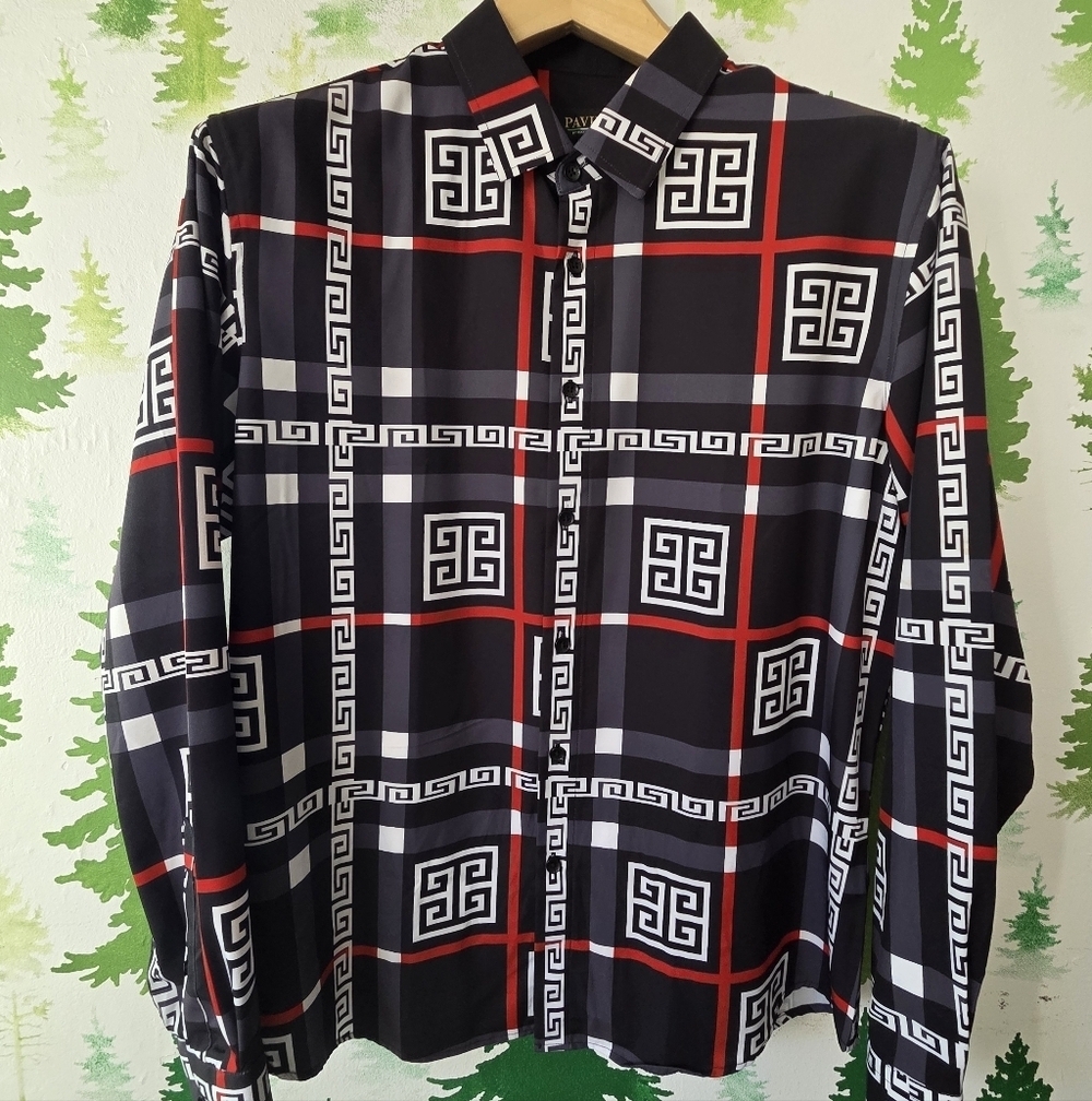 Men's Black and Red Geometric Pattern Shirt - Picture 1 of 9